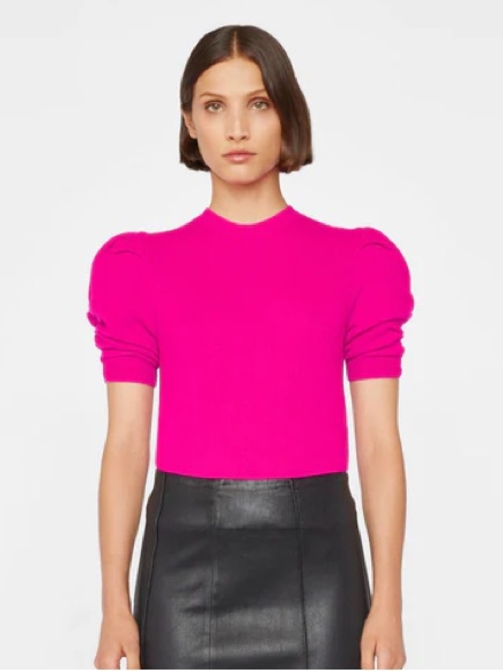FRAME Cashmere Short Sleeve Ruched Sleeve Sweater Magenta Size Small